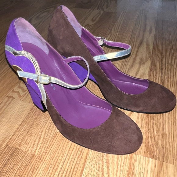 Marc‎ Jacobs Brown Purple Suede Metallic Leather Mary Jane Heels - Picture 1 of 9